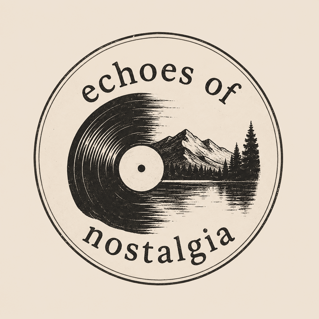 Echoes of Nostalgia logo: a record merging into a mountain and lake landscape